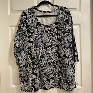 Catherines Black and White Boxy Blouse with Paisley Print